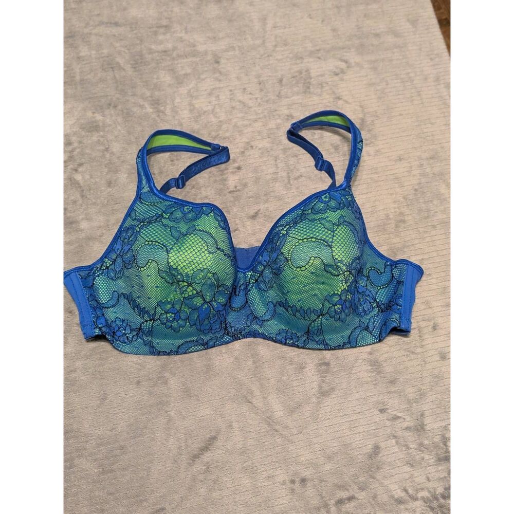 Cacique Size 38C Lightly Lined Smooth Balconette Lace Green Blue